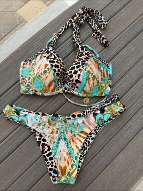 Luli Fama Turquoise, Black & Tan Printed Bikini Set